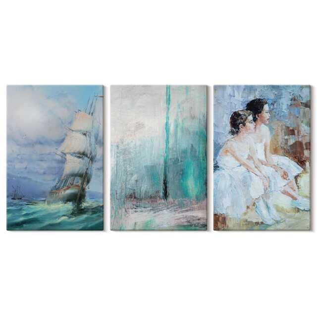 Set Of 3 Canvas Prints - Ship At Sea Portrait Dancers, Blue Print, Artwork Wall Decor - image 1