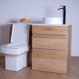 Hand-Crafted Oak Combination Bathroom Vanity Cabinet - Quartz Top, Toilet Cupboard Unit Clear Finish - thumbnail 3
