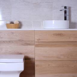 Hand-Crafted Oak Combination Bathroom Vanity Cabinet - Quartz Top, Toilet Cupboard Unit Clear Finish - thumbnail 2