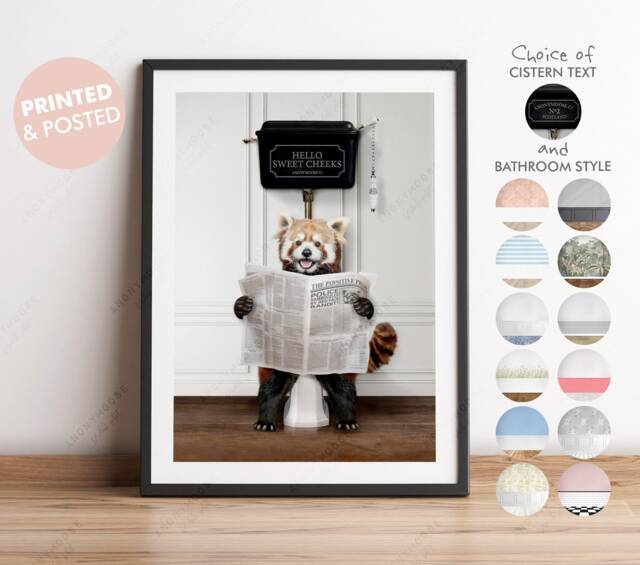 Red Panda On Toilet With Newspaper, Victorian Toilet, Funny Bathroom Print, Animal Paper, Whimsy - image 1