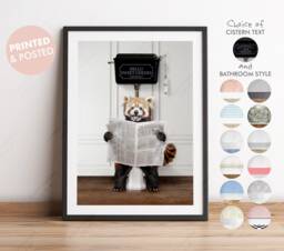 Red Panda On Toilet With Newspaper, Victorian Toilet, Funny Bathroom Print, Animal Paper, Whimsy - thumbnail 1