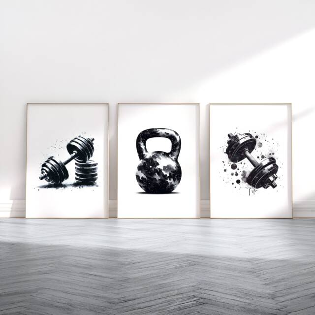 Gym Wall Art Set - 3 Prints - Watercolour Design Dumbbell Poster Fitness Pictures Kettlebell Home Artwork Weightlifting Gift - image 1