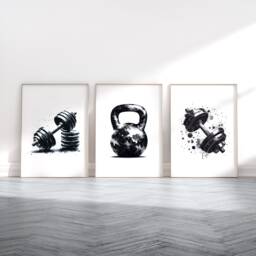 Gym Wall Art Set - 3 Prints - Watercolour Design Dumbbell Poster Fitness Pictures Kettlebell Home Artwork Weightlifting Gift - thumbnail 1