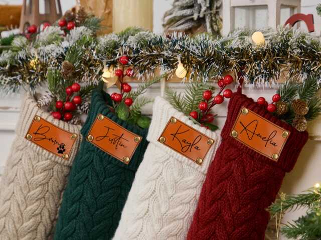 Personalized 2025 Family Stockings, Christmas Stockings With Name, Christmas Tree Decor, Leather Knitted Christmas Stockings, Holiday - image 1