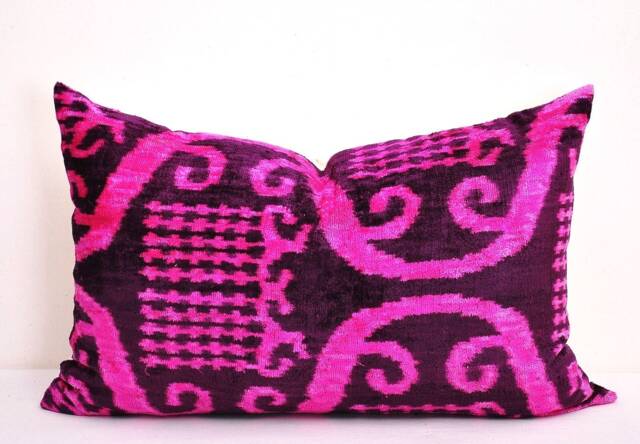 Handmade Silk Velvet Ikat Pillow Cover, Pink & Black - image 1