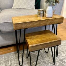 Handcrafted Rustic Nest Of Tables - Scaffold Board Furniture Side Wood Hairpin Legs - thumbnail 2