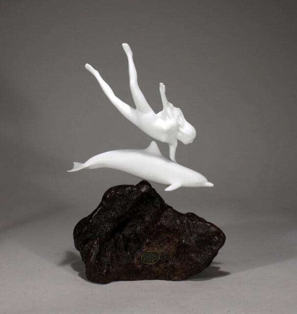 Dolphin Sculpture By John Perry With Lady Diver 11In Tall On Burlwood Medium Version. Signed - image 1
