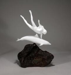 Dolphin Sculpture By John Perry With Lady Diver 11In Tall On Burlwood Medium Version. Signed - thumbnail 1