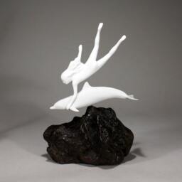 Dolphin Sculpture By John Perry With Lady Diver 11In Tall On Burlwood Medium Version. Signed - thumbnail 2