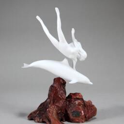 Dolphin Sculpture By John Perry With Lady Diver 11In Tall On Burlwood Medium Version. Signed - thumbnail 3