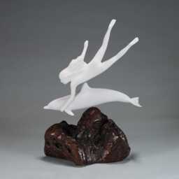 Dolphin Sculpture By John Perry With Lady Diver 11In Tall On Burlwood Medium Version. Signed - thumbnail 4