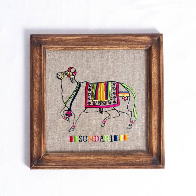 Cow Embroidery, in Hoop Or Frame, Linen With Bright Colors, Indian, Wall Art - image 1