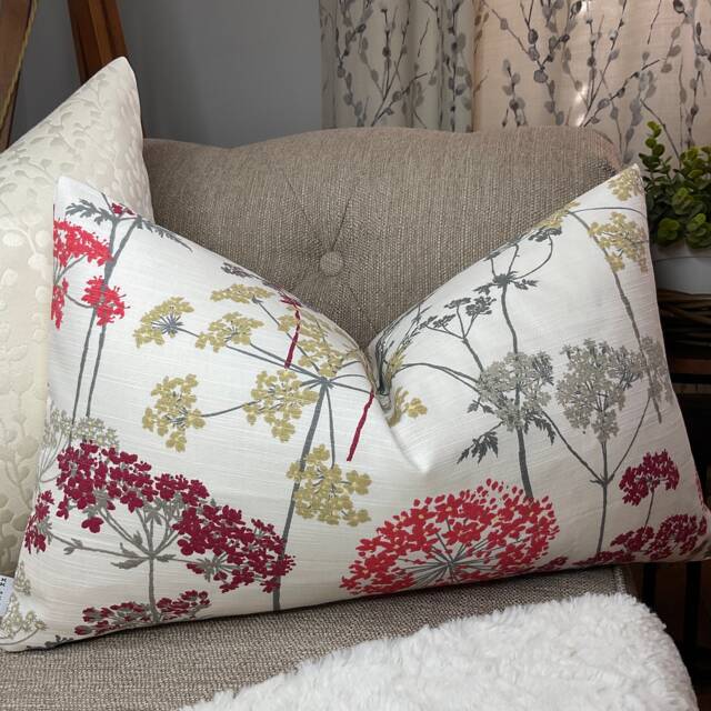 "Decorative Cushion Cover, Throw Pillow Cover For Sofa Or Bed, Hedgerow in Magneta By Iliv Fabric - Red/ Beige/ Grey Flower Design 12""x 20" - image 1