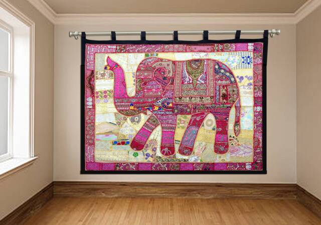 Elephant Tapestry Vintage Patchwork, Embroidered Bohemian Wall Hanging - 80x100 Inches - image 1
