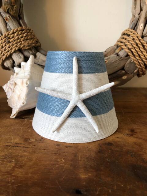 Sky Blue Striped Jute Lampshade Beach House Chandelier Decor - image 1