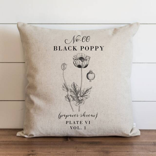 Black Poppy Pillow Cover - 18 X 20 Botanical Floral Herbs Spring Home Decor Summer Throw Garden - image 1