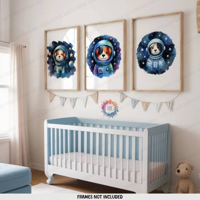 Dog Nursery Space Decor - Set Of 3 Watercolour Prints - Boys Bedroom Artwork Girls Wall Art Baby Animals Kids Room Posters - image 1