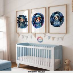 Dog Nursery Space Decor - Set Of 3 Watercolour Prints - Boys Bedroom Artwork Girls Wall Art Baby Animals Kids Room Posters - thumbnail 1