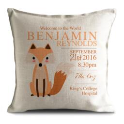 New Baby Gift Personalised Cushion Cover, Boy Girl, Cartoon Fox Illustration Print, Christening Shower Present - 40cm 16 Inch - thumbnail 1