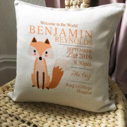 New Baby Gift Personalised Cushion Cover, Boy Girl, Cartoon Fox Illustration Print, Christening Shower Present - 40cm 16 Inch - thumbnail 2