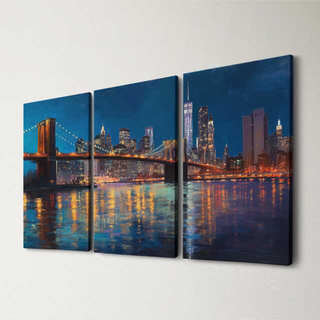 Manhattan Skyline Night 3 Panel Split Canvas Wall Art Brooklyn Bridge City Lights New York Oil Painting Framed Home Decor Gift - image 1