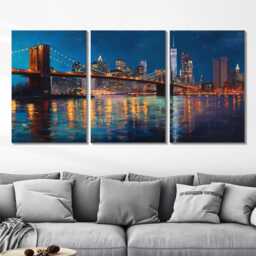 Manhattan Skyline Night 3 Panel Split Canvas Wall Art Brooklyn Bridge City Lights New York Oil Painting Framed Home Decor Gift - thumbnail 2
