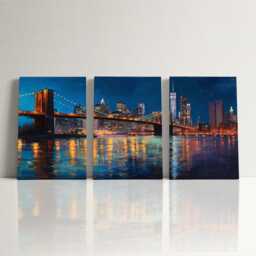 Manhattan Skyline Night 3 Panel Split Canvas Wall Art Brooklyn Bridge City Lights New York Oil Painting Framed Home Decor Gift - thumbnail 3
