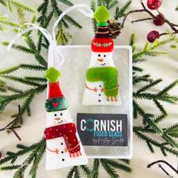 Festive Snowman Fused Glass Christmas Ornaments Box Set Of Two, Fused Glass Cornwall, Cornish - thumbnail 1