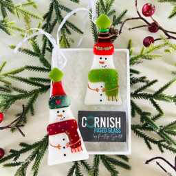Festive Snowman Fused Glass Christmas Ornaments Box Set Of Two, Fused Glass Cornwall, Cornish - thumbnail 3