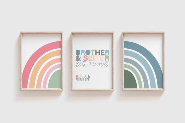 Playroom Prints, Brother Sister Pastel Colours, Rainbow Wall Art, Boys Bedroom Decor, Girls Set Of 3 - image 1