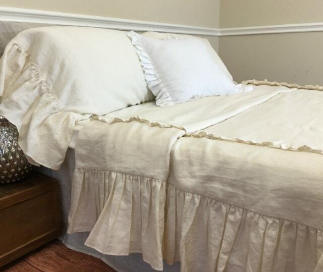 Shabby Chic Ruffled Duvet Cover Handmade in Cream Linen, Features 2 Rows Of Ruffles On Top With Mermaid Long At Sides. Romantic - image 1