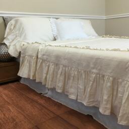Shabby Chic Ruffled Duvet Cover Handmade in Cream Linen, Features 2 Rows Of Ruffles On Top With Mermaid Long At Sides. Romantic - thumbnail 3