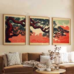 Japanese Pine Tree Art Print Set - Red & Black Minimalist Landscape - thumbnail 3