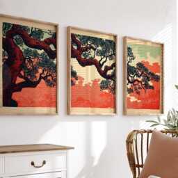 Japanese Pine Tree Art Print Set - Red & Black Minimalist Landscape - thumbnail 4