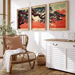 Japanese Pine Tree Art Print Set - Red & Black Minimalist Landscape - thumbnail 2