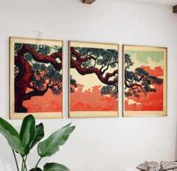 Japanese Pine Tree Art Print Set - Red & Black Minimalist Landscape - thumbnail 1
