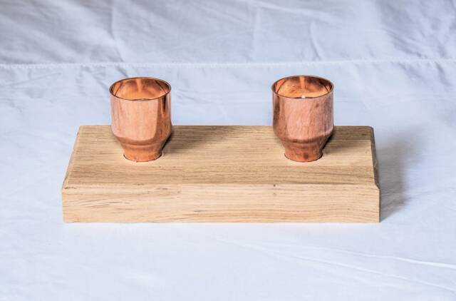 Handcrafted Oak Tea Light Holder With Copper Candle Cups - image 1