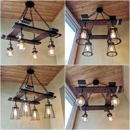 Handmade Rustic Wood Beam Chandelier, Farmhouse Cage Pendant Light - thumbnail 2