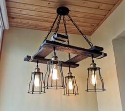 Handmade Rustic Wood Beam Chandelier, Farmhouse Cage Pendant Light