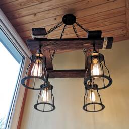 Handmade Rustic Wood Beam Chandelier, Farmhouse Cage Pendant Light - thumbnail 3