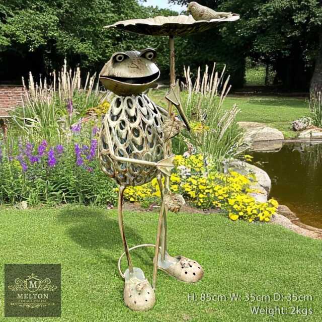 Metal Green Frog Toad Holding Bird Feeder Perched On It Garden Freestanding - image 1