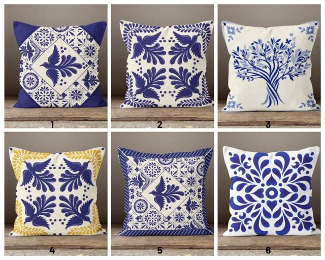 Blue Tile Cushion Cover/Geometric Design Pillow Case/Navy Case/Housewarming Gift/Farmhouse Style Authentic Case - image 1