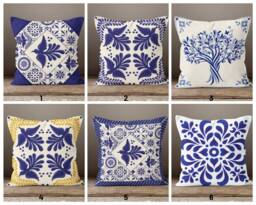 Blue Tile Cushion Cover/Geometric Design Pillow Case/Navy Case/Housewarming Gift/Farmhouse Style Authentic Case - thumbnail 1