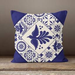 Blue Tile Cushion Cover/Geometric Design Pillow Case/Navy Case/Housewarming Gift/Farmhouse Style Authentic Case - thumbnail 2