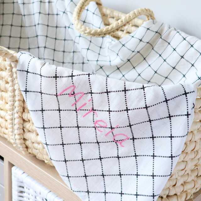 Personalised Baby Blanket, Sensory Black & White Bamboo Muslin Swaddle Embroidered Newborn Blanket With Name - image 1