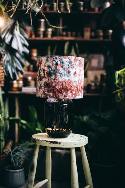 Handmade Batik Lampshade Abstract Drum Pendant Light, Burgundy Turquoise Pink - image 1