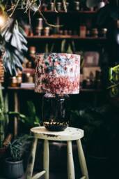 Handmade Batik Lampshade Abstract Drum Pendant Light, Burgundy Turquoise Pink
