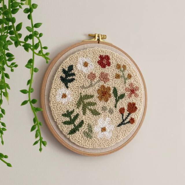 Floral Punch Needle Wall Hanging, Handmade Botanical Fiber Art Decor - image 1