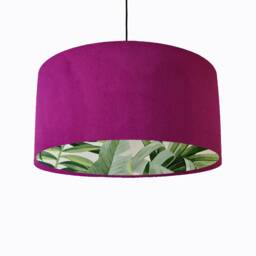 Plum Velvet Drum Lampshade With Lush Green Leaves Lining, Large Purple Tropical Lightshade