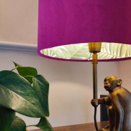 Plum Velvet Drum Lampshade With Lush Green Leaves Lining, Large Purple Tropical Lightshade - thumbnail 2